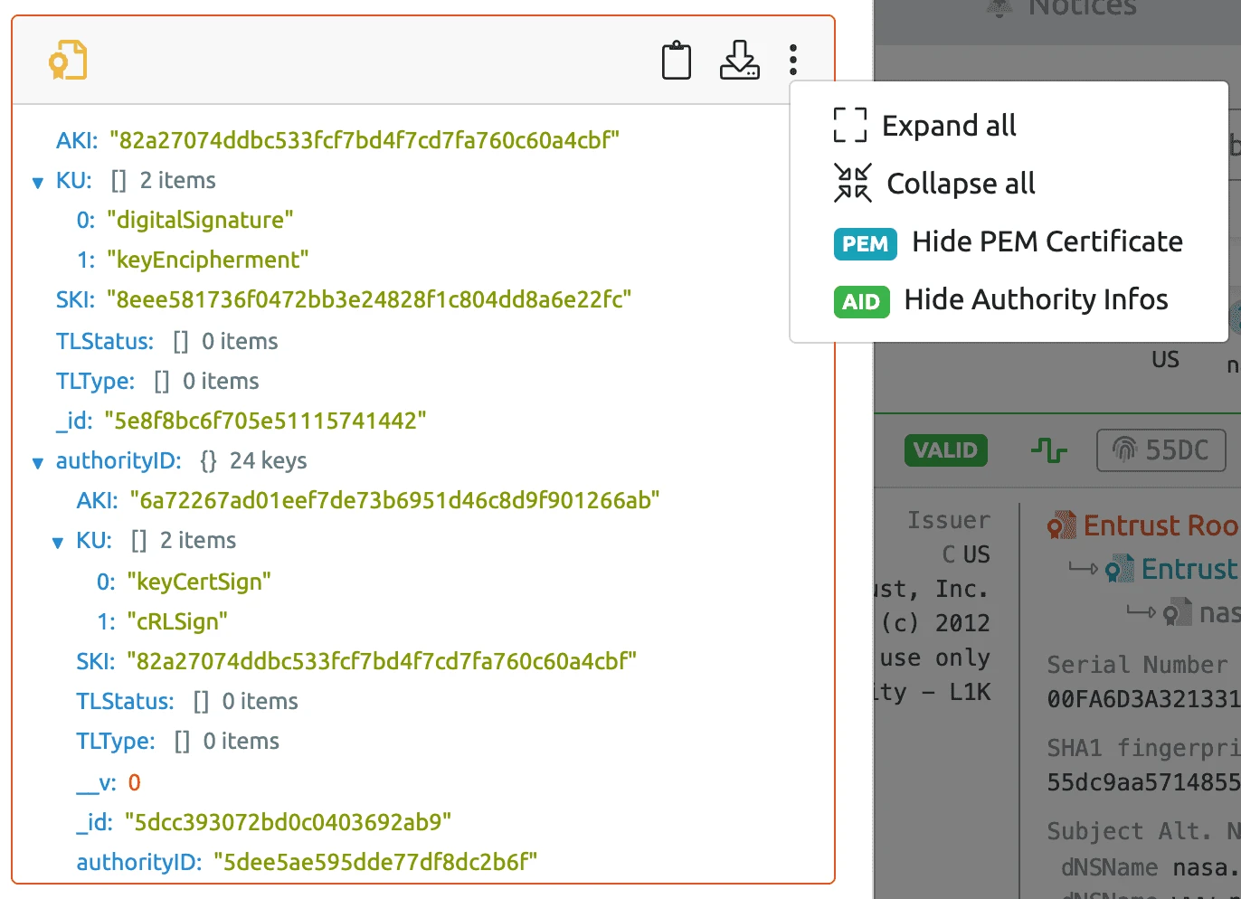 Detailed reBop certificate view with key usages, AKI, SKI and issuing authority information.
