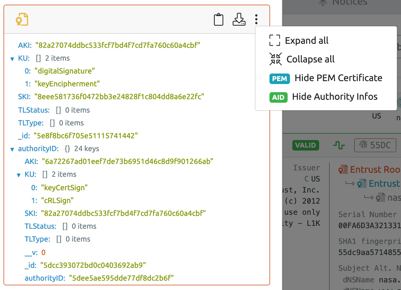 Detailed reBop certificate view with key usages, AKI, SKI and issuing authority information.