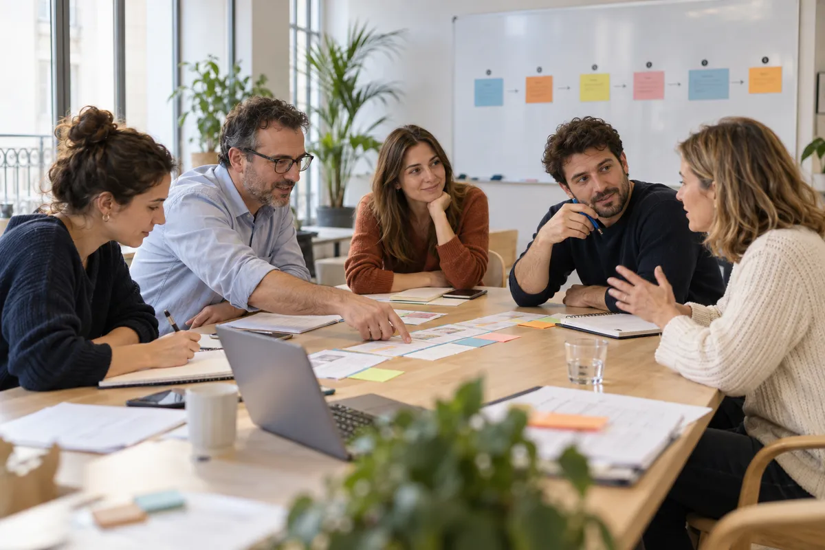 Generated scene: five professionals discuss an event timeline and notes during a cyber crisis exercise debrief.