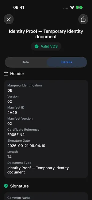 Technical header and certificate in VDS Verify, in dark mode.