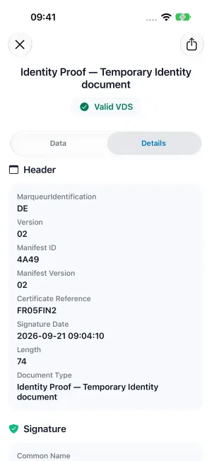 The VDS Verify details screen shows the seal’s technical header and certificate information.