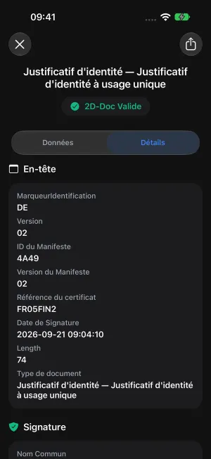 En-tête technique et certificat dans VDS Verify, en thème sombre.