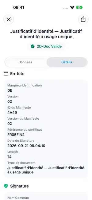 L’écran des détails de VDS Verify présente l’en-tête technique du cachet et les informations de son certificat.