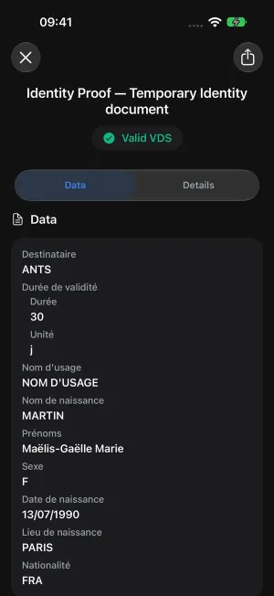 VDS Verify: document data and verification result, in dark mode.