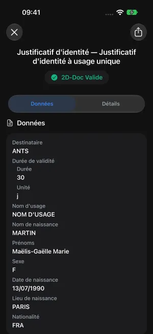 VDS Verify : données d’un justificatif et résultat de vérification, en thème sombre.
