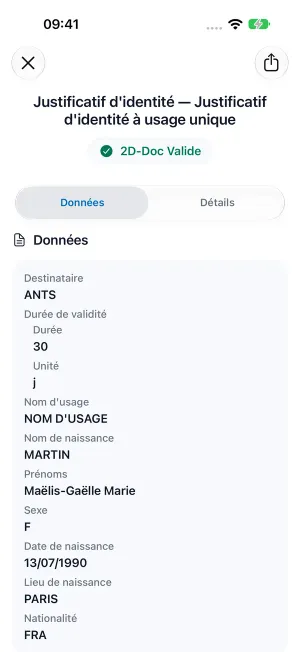 VDS Verify affiche les données d’un justificatif d’identité et le résultat de vérification de sa signature.